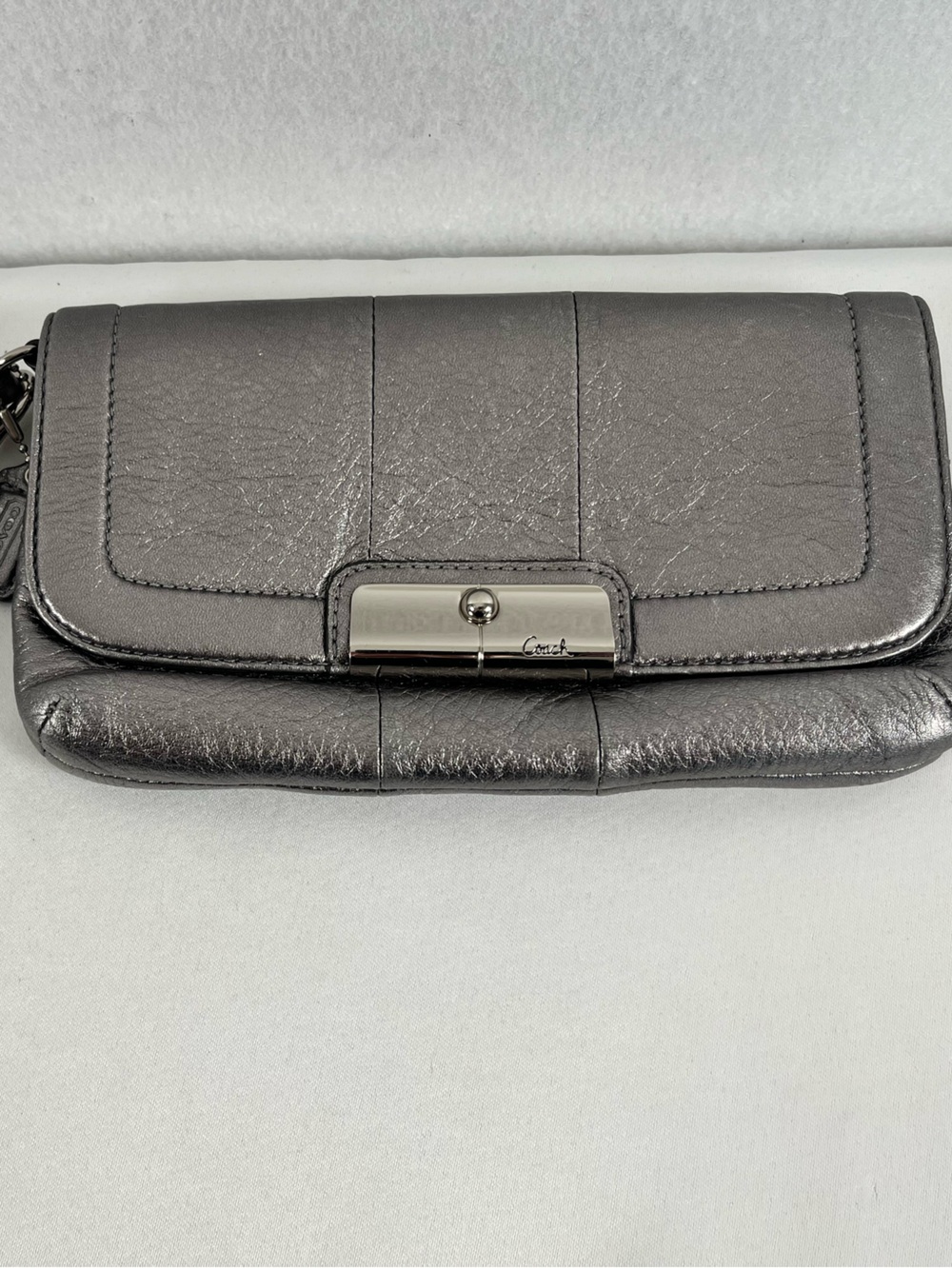 Coach Kristin Metallic Leather Flap Wristlet Clutch Gunmetal Pewter Gray 45104